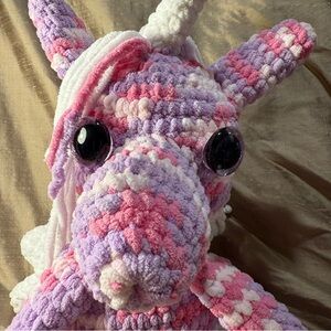 Pink purple white hand made Crocheted Unicorn stuffed animal amigurumi pal